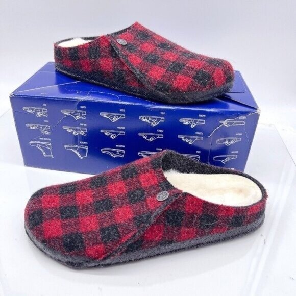 Birkenstock Zermatt Shearling Wool  Plaid Red Slippers Mules EU 40 US 9- 9.5 - Picture 1 of 11